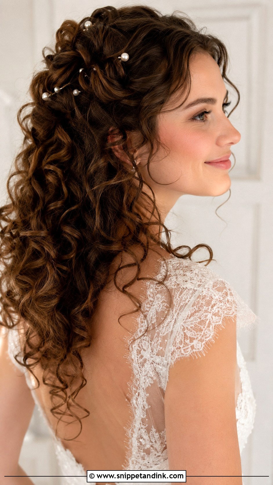Curly Half Up With Pearl Pins - Snippet and Ink - 25 Long Curly Hairstyles for Wedding