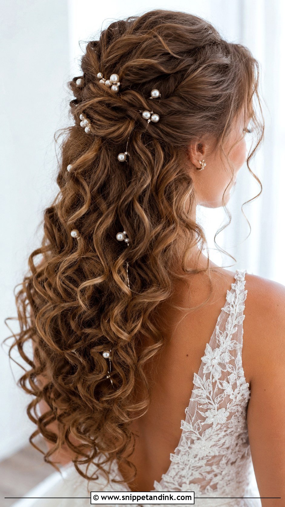 Curly Half Up With Pearl Pins - Snippet and Ink - 25 Natural Wedding Hairstyles