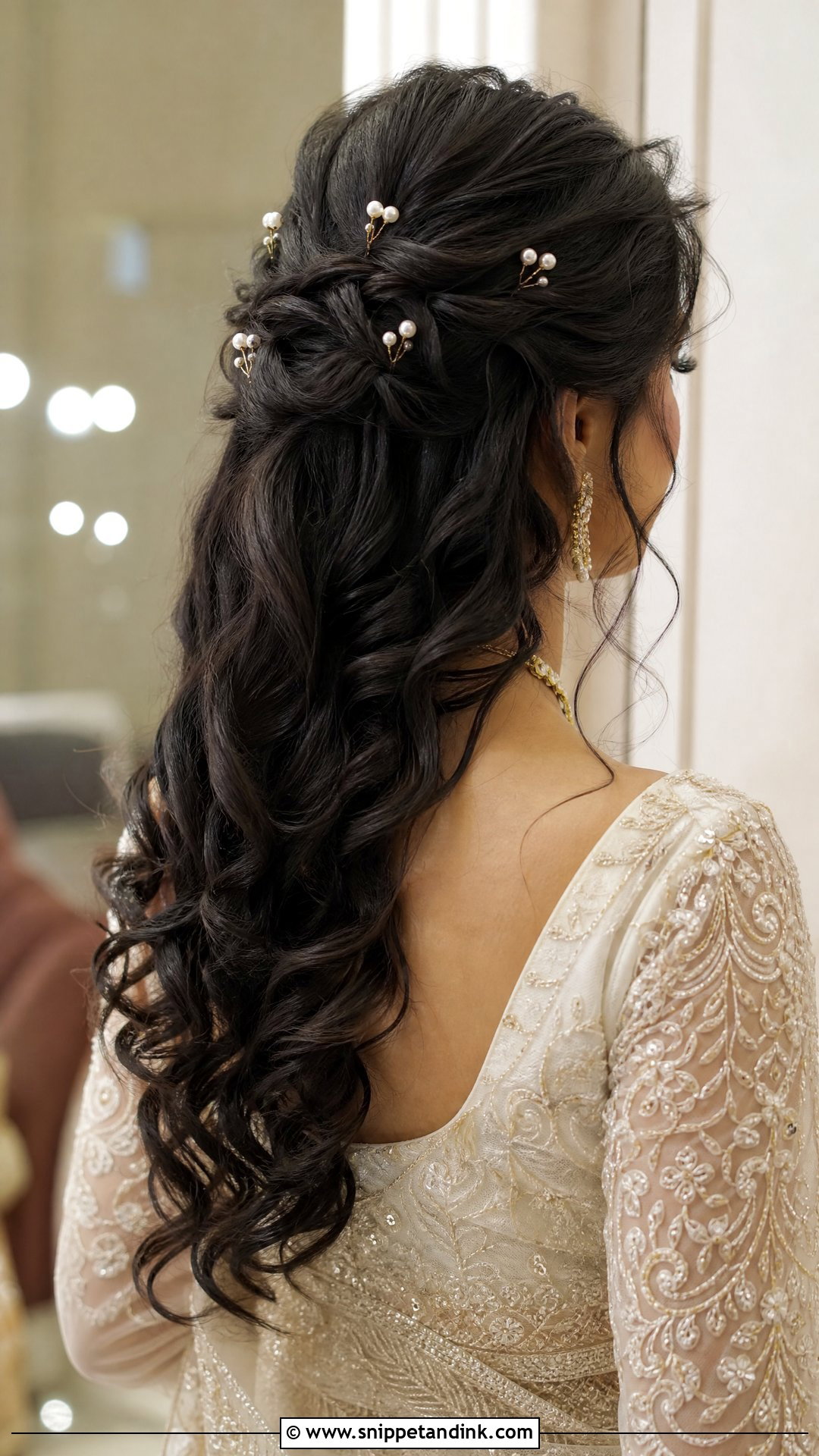 Curly Half Up With Pearl Pins - Snippet and Ink - 20 Curly Half-Up Half-Down Wedding Hairstyles