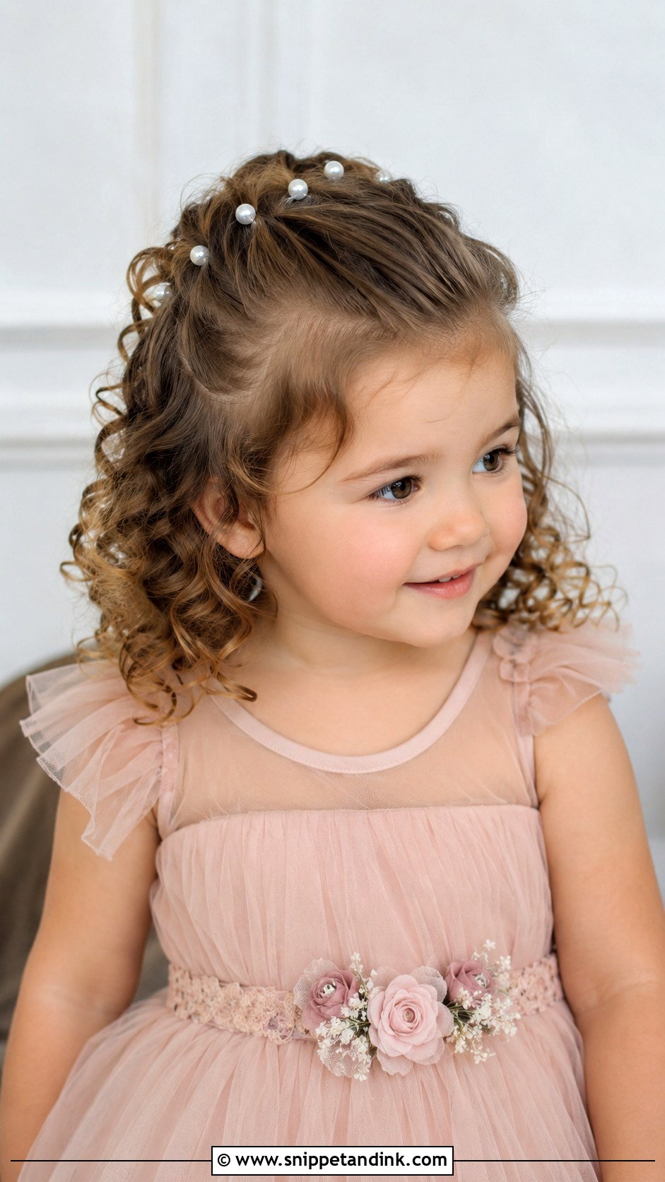 Curly Half Up With Pearls - Snippet and Ink - 25 Toddler Wedding Hairstyles
