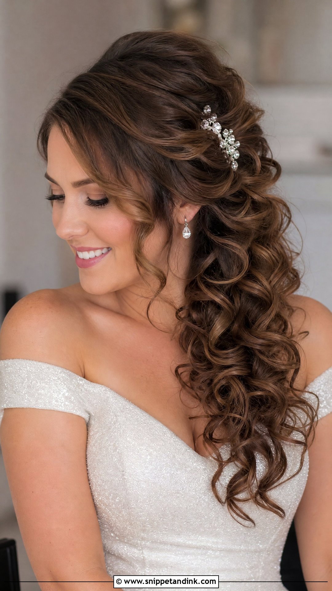 Curly Half Up With Side Swept Curls - Snippet and Ink - 20 Curly Half-Up Half-Down Wedding Hairstyles