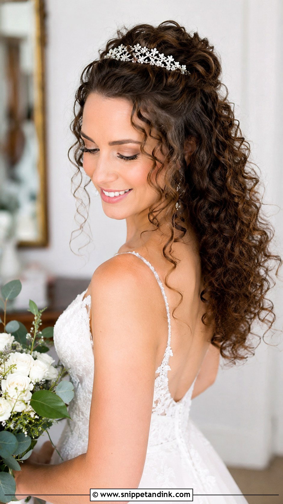 Curly Half Up With Tiara - Snippet and Ink - 25 Wedding Hair with Tiara Ideas