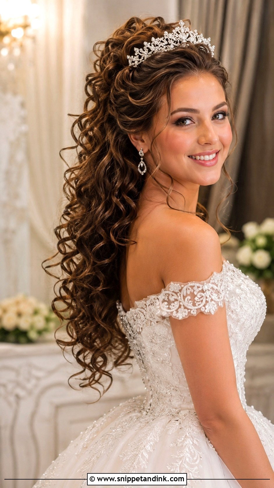 Curly Half Up With Tiara Wedding Hairstyle for Long Hair - Snippet and Ink - 25 Hairstyle for Long Hair Wedding Ideas