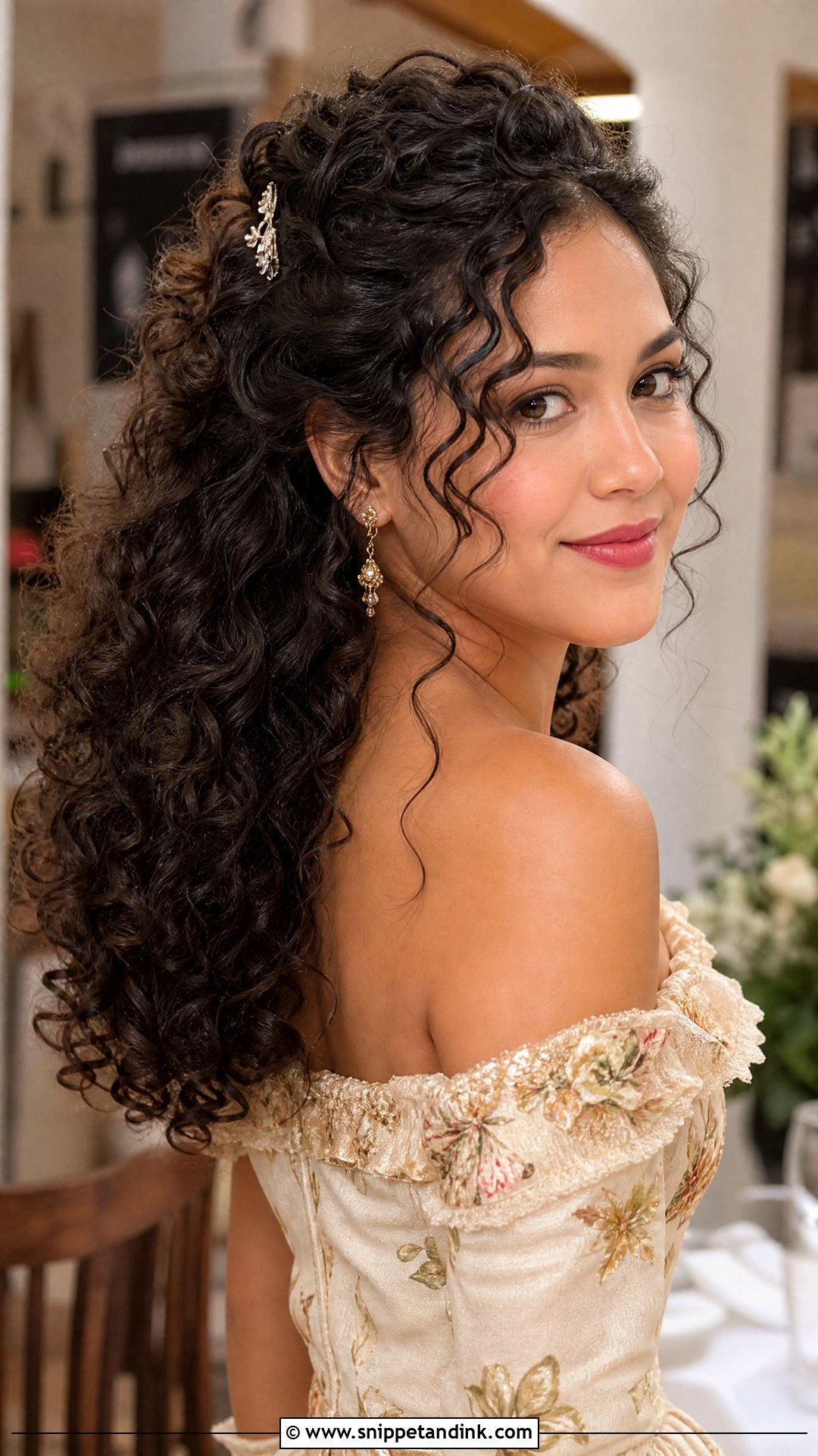 Curly Half Up With Volume - Snippet and Ink - 20 Medium Length Wedding Guest Hairstyles