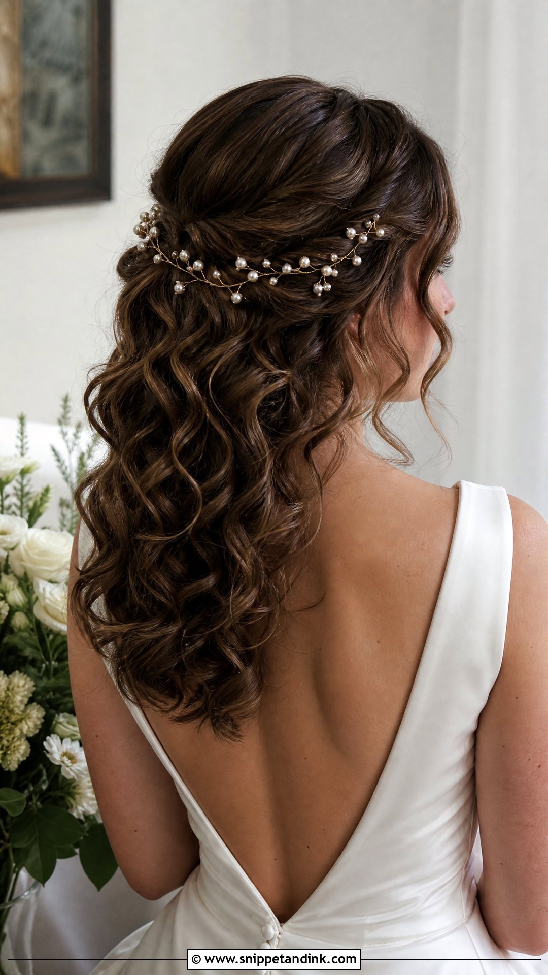 Curly Half Up With a Pearl Hair Vine - Snippet and Ink - 20 Curly Hair Half-Up Half-Down Wedding Ideas