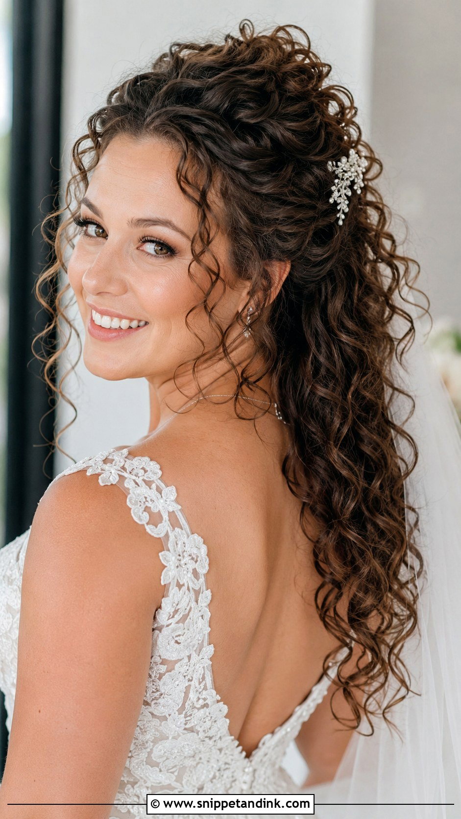 Curly Half Updo Bridal Hair for Round Face - Snippet and Ink - 25 Wedding Hair for Round Face Ideas