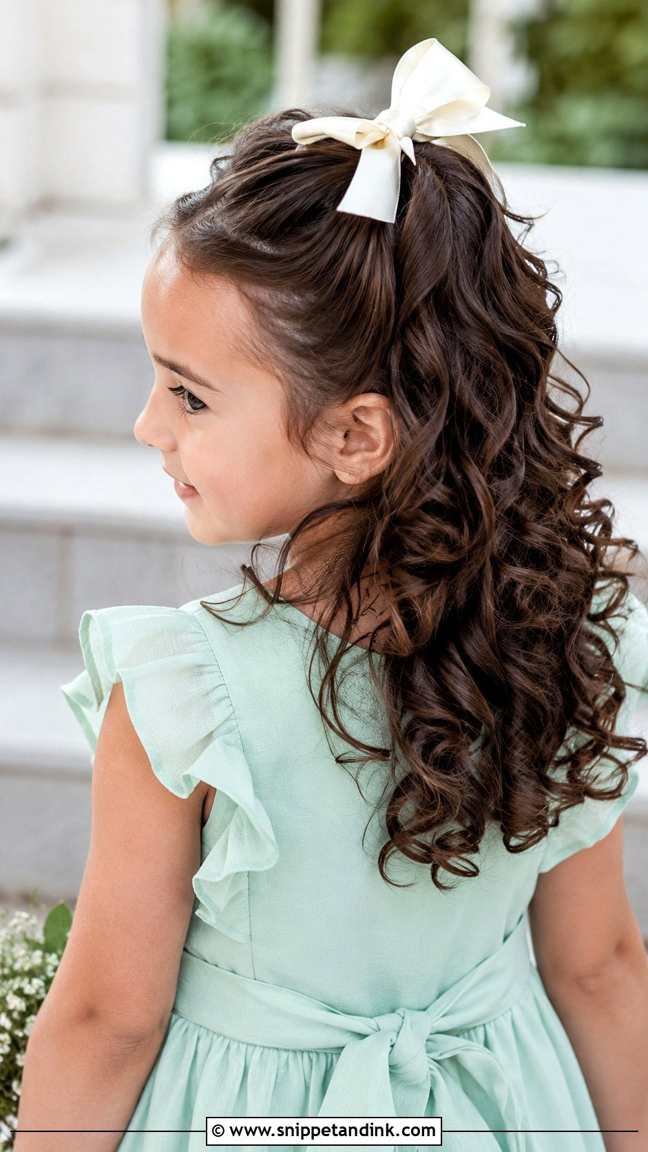 Curly Half Updo With Bow - Snippet and Ink - 20 Kid Wedding Hairstyles