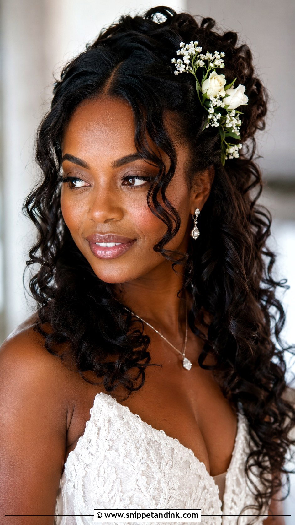 Curly Half Updo With Face Framing Pieces - Snippet and Ink - 30 Black Bridal Hairstyles