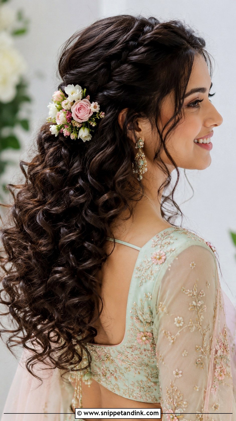 Curly Half Updo With Flowers - Snippet and Ink - 25 Hairstyles for Marriage Function