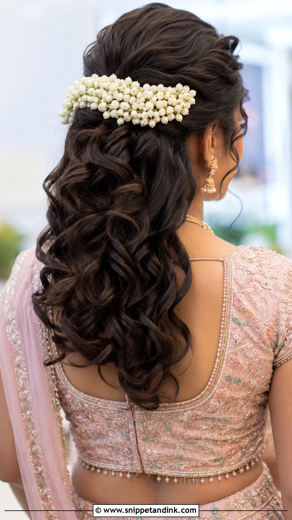Curly Half Updo With Gajra - Snippet and Ink - 35 South Indian Wedding Hairstyles