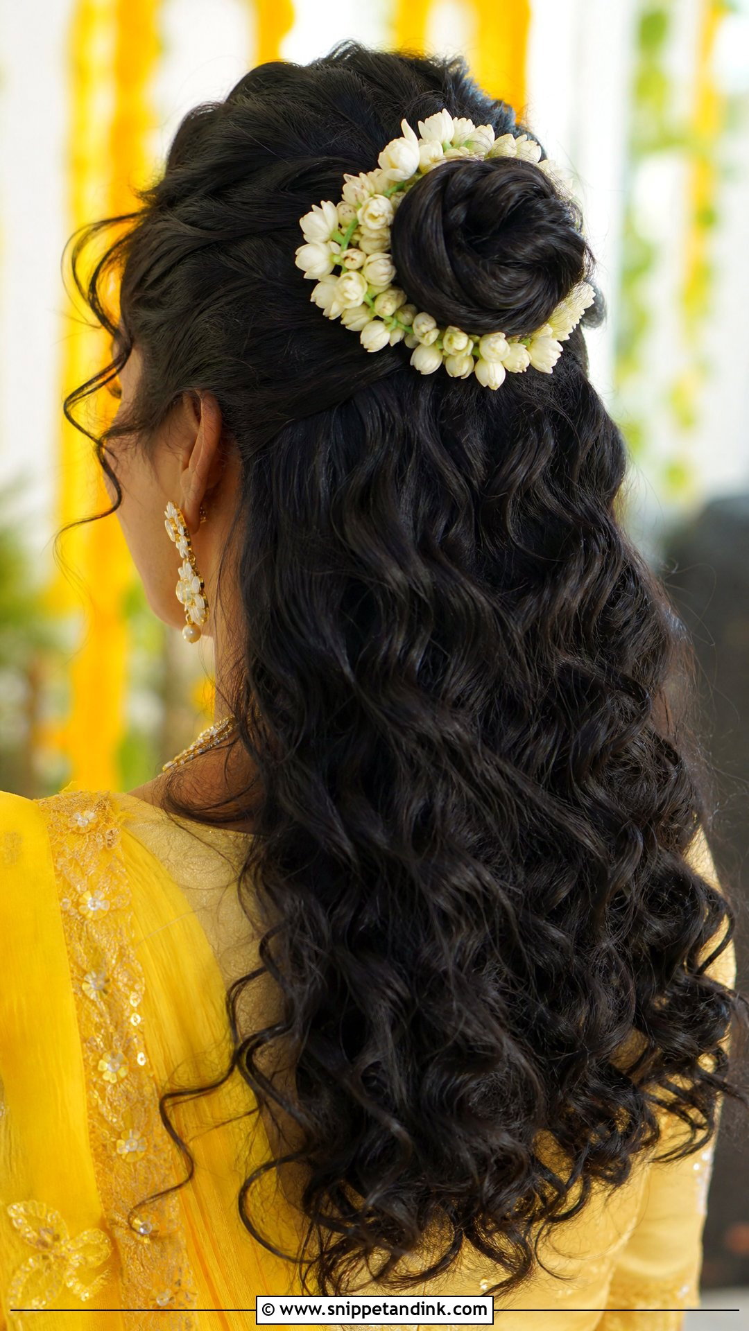 Curly Half Updo With Gajra - Snippet and Ink - 20 Hairstyle for Haldi Bride Ideas