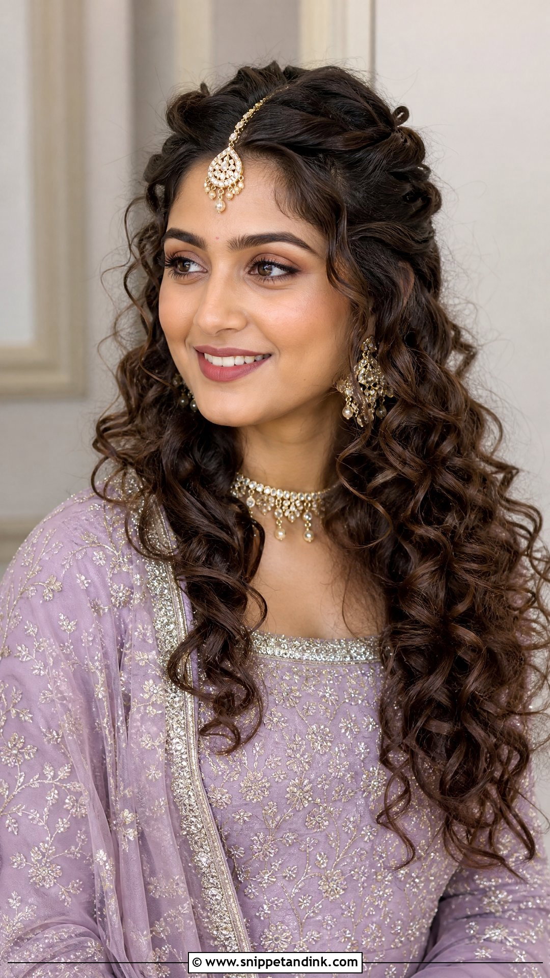Curly Half Updo With Maang Tikka - Snippet and Ink - 20 Indian Hairstyle for Wedding Guest Ideas