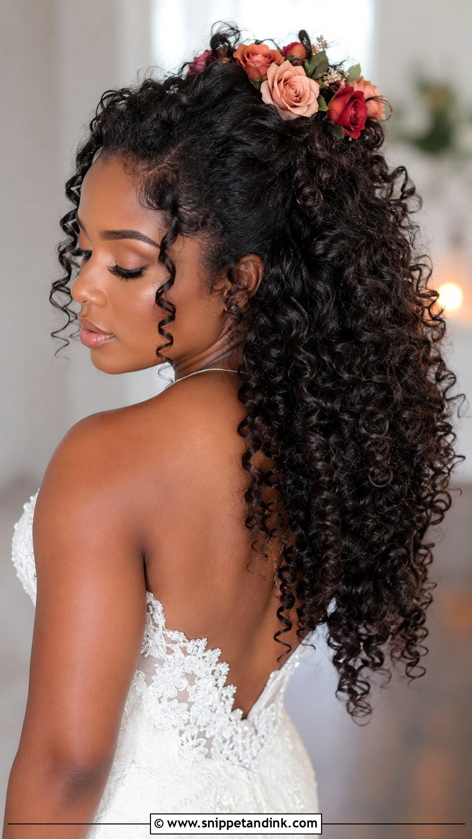 Curly Half Updo With Roses - Snippet and Ink - 25 Wedding Hairstyles with Flowers