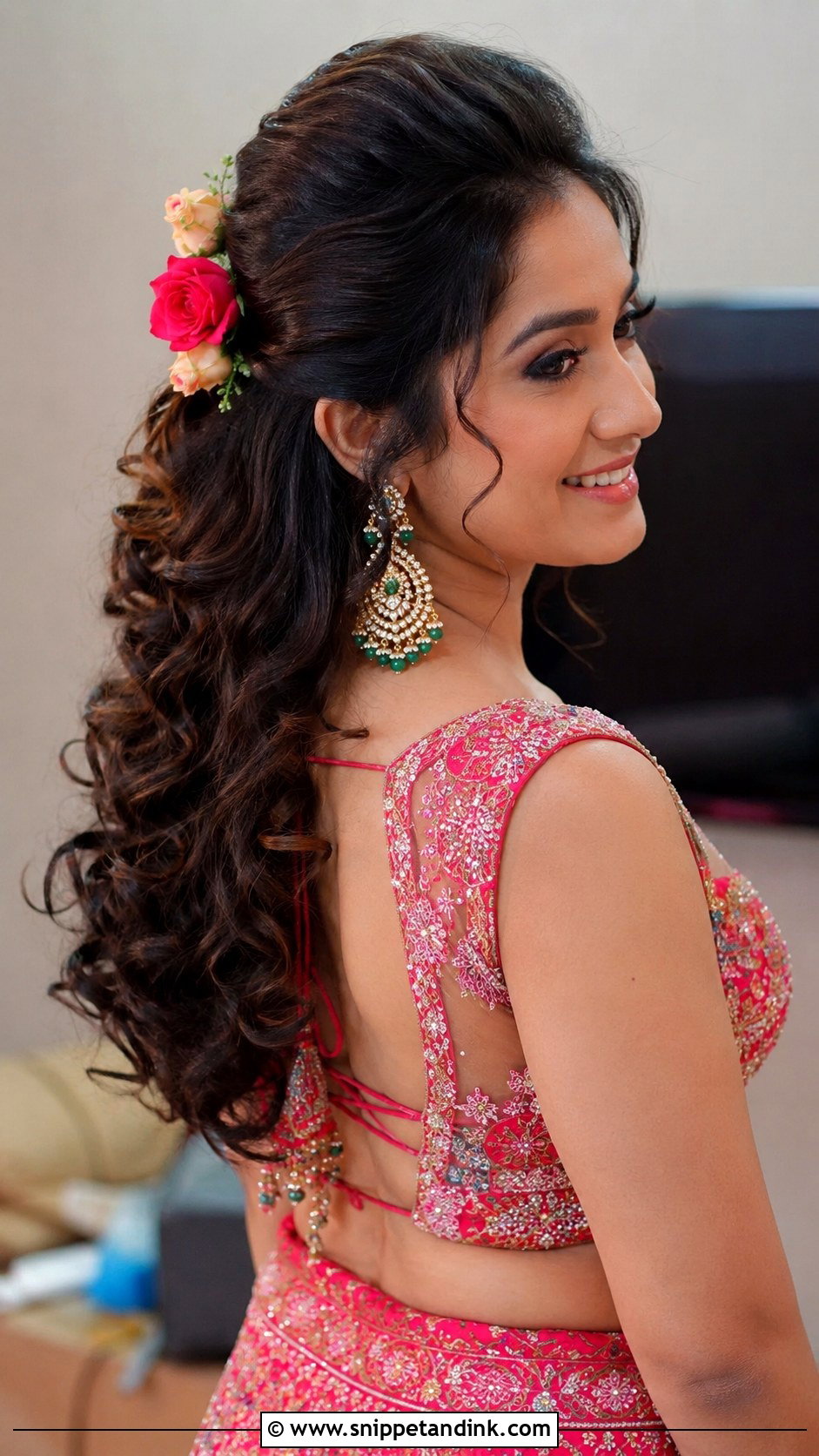 Curly Half Updo With Roses - Snippet and Ink - 25 Indian Bridal Wedding Hairstyles