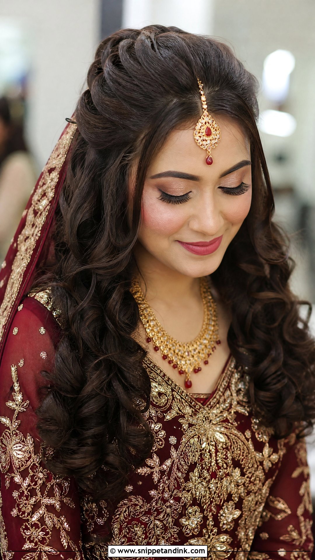 Curly Half Updo With Tikka - Snippet and Ink - 20 Pakistani Baraat Hairstyles