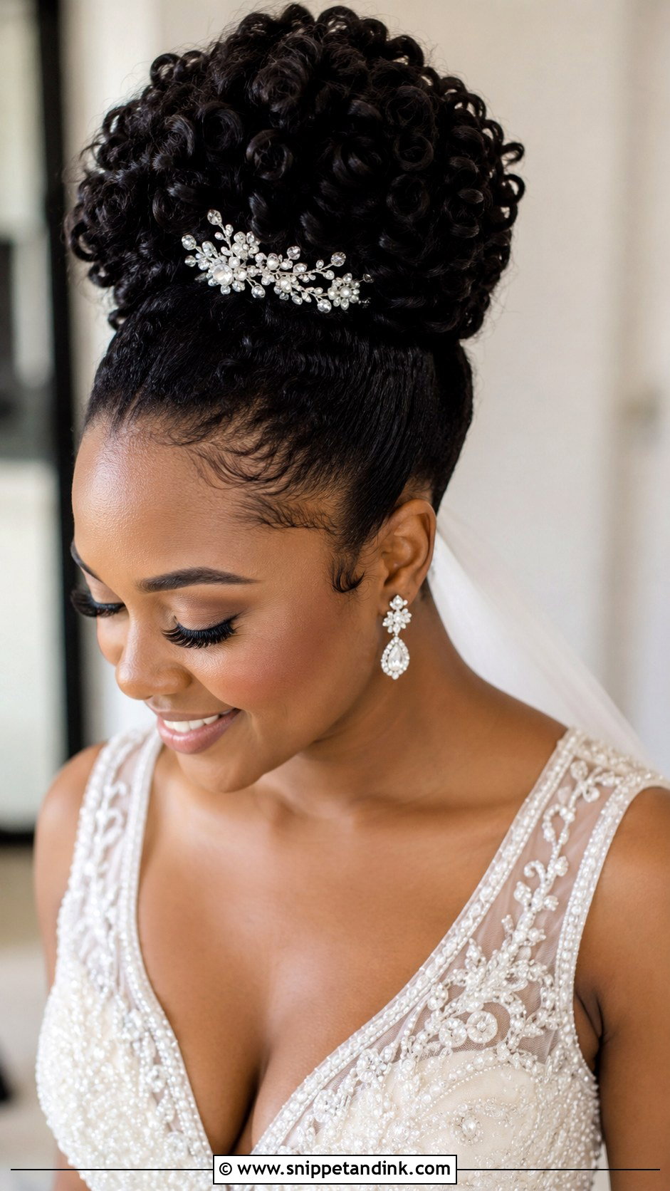 Curly High Bun Bridal Updo - Snippet and Ink - 25 Natural Curly Wedding Hairstyles