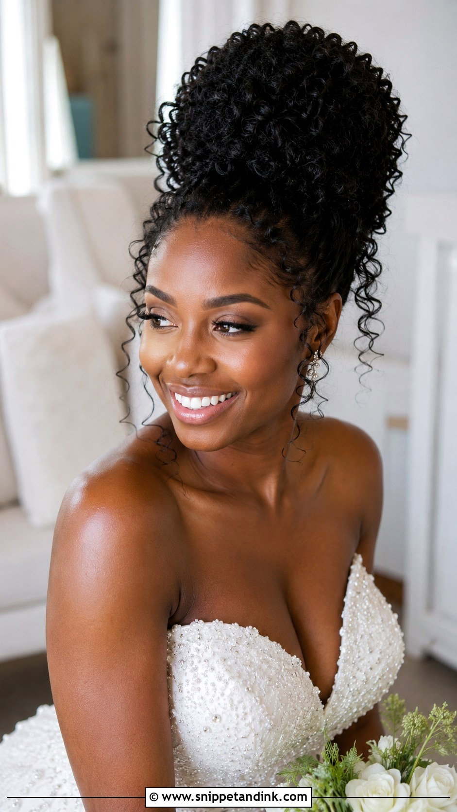 Curly High Bun Wedding Hairstyle - Snippet and Ink - 20 Natural Curly Hairstyles for Wedding