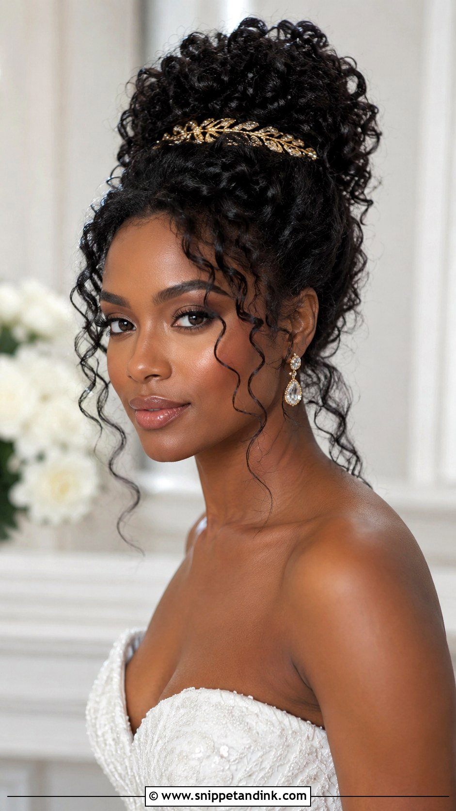 Curly High Bun Wedding Style - Snippet and Ink - 20 Black Hair Bride Ideas