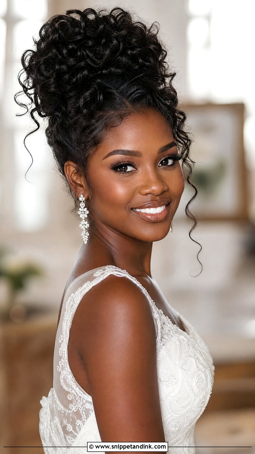 Curly High Bun Wedding Updo - Snippet and Ink - 20 Natural Curly Wedding Hair Ideas