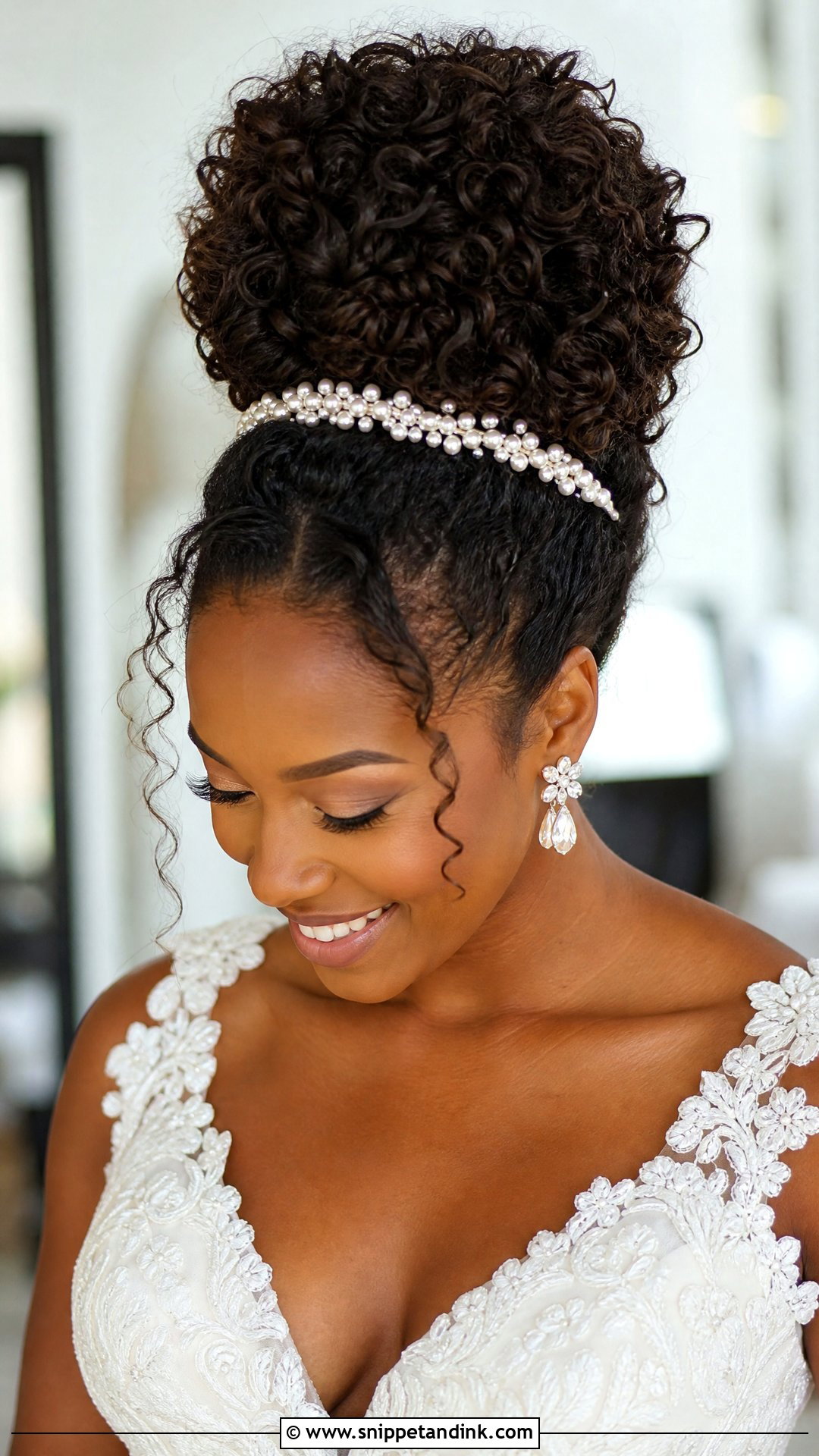 Curly High Bun With Headband - Snippet and Ink - 20 Black Bridal Hair Ideas