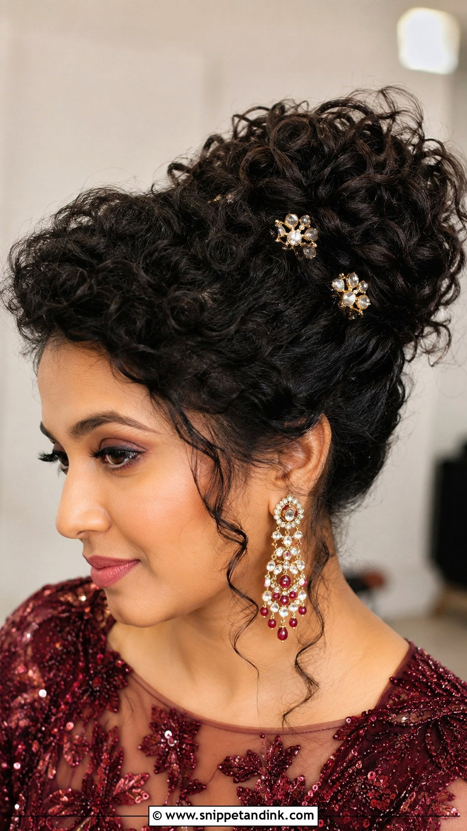 Curly High Bun With Puff - Snippet and Ink - 25 Indian Wedding Hairstyle for Chubby Face Ideas