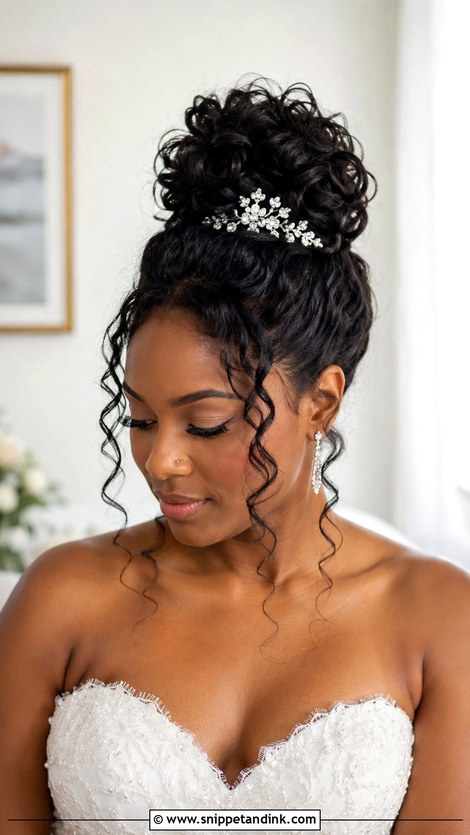 Curly High Bun With Tendrils - Snippet and Ink - 20 Afro Wedding Hair Ideas