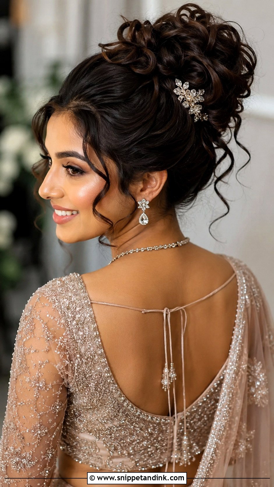Curly High Bun for Receptions - Snippet and Ink - 25 Hindu Bride Hairstyle Ideas