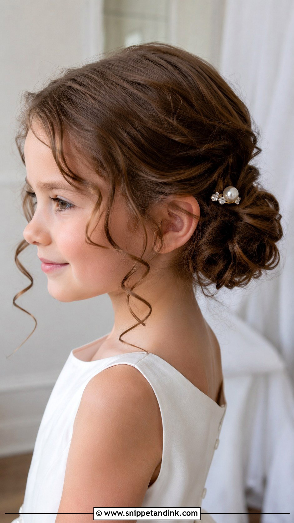 Curly Low Bun Hairstyle - Snippet and Ink - 25 Kids Girls Wedding Hairstyles