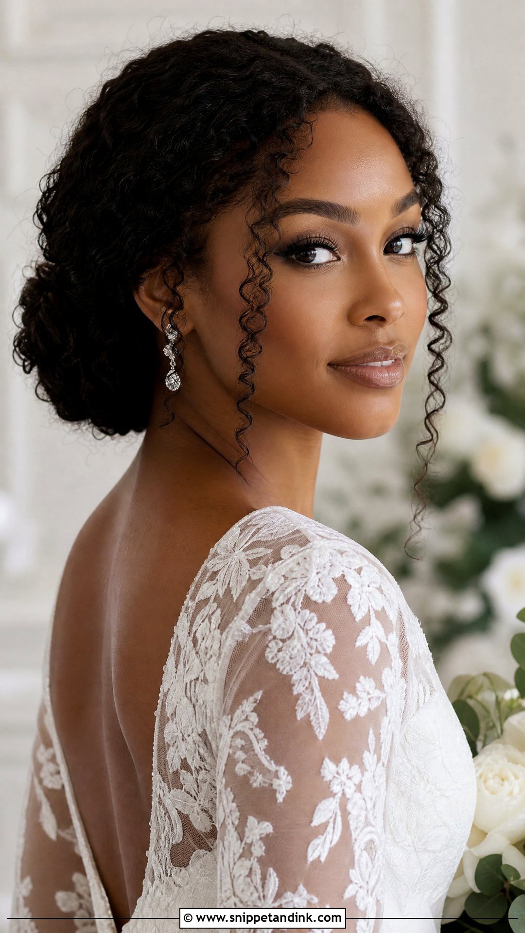 Curly Low Bun With Face Framing Pieces - Snippet and Ink - 30 Natural Hair Bride Ideas