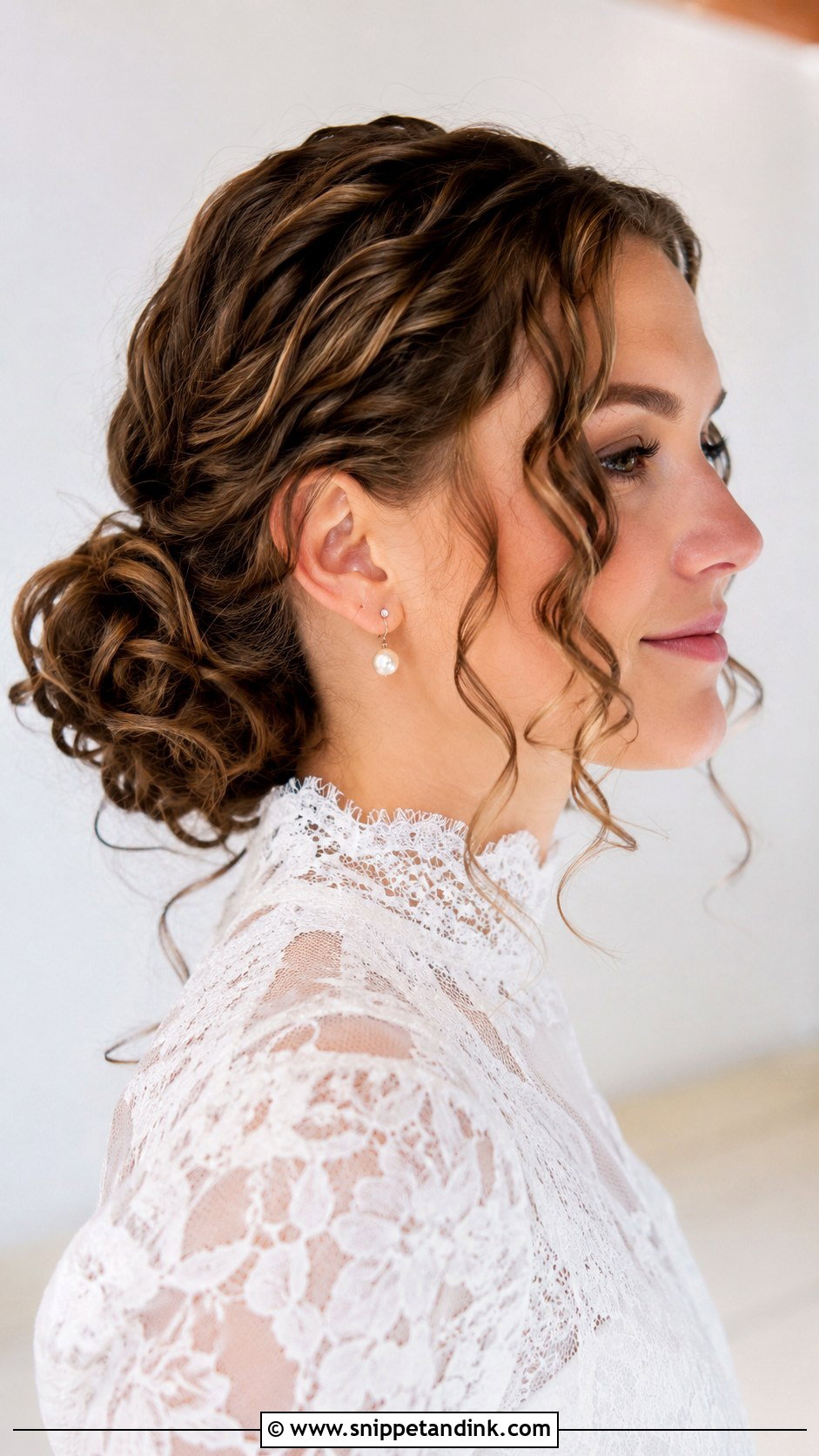 Curly Low Bun With Face Framing Tendrils - Snippet and Ink - 25 Curled Wedding Hair Ideas