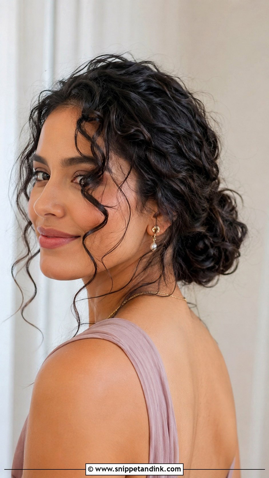 Curly Low Bun With Face Framing Tendrils - Snippet and Ink - 25 Curly Hair Wedding Guest Hairstyles