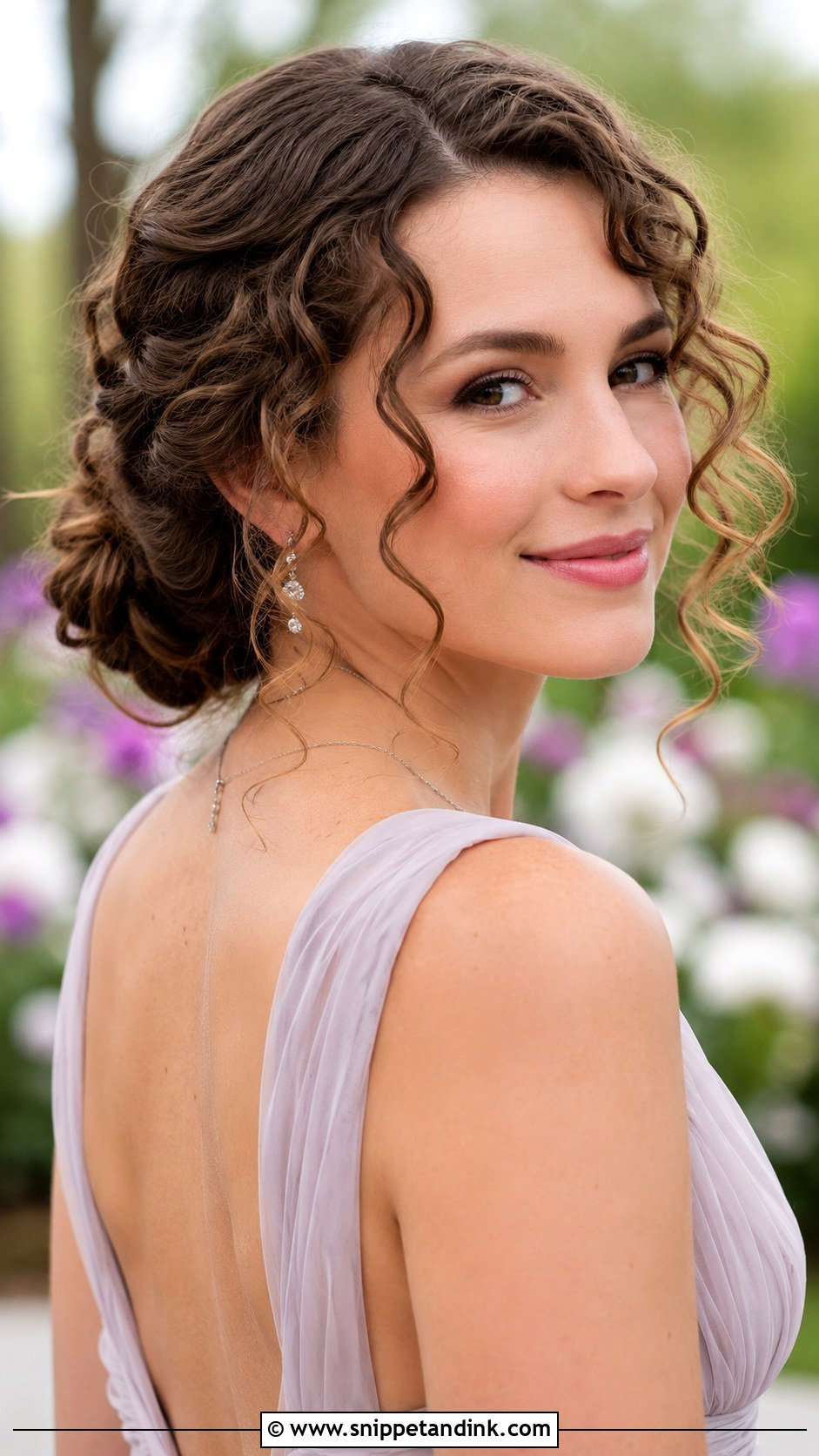 Curly Low Bun With Face Framing Tendrils - Snippet and Ink - 25 Curly Hair Wedding Guest Styles