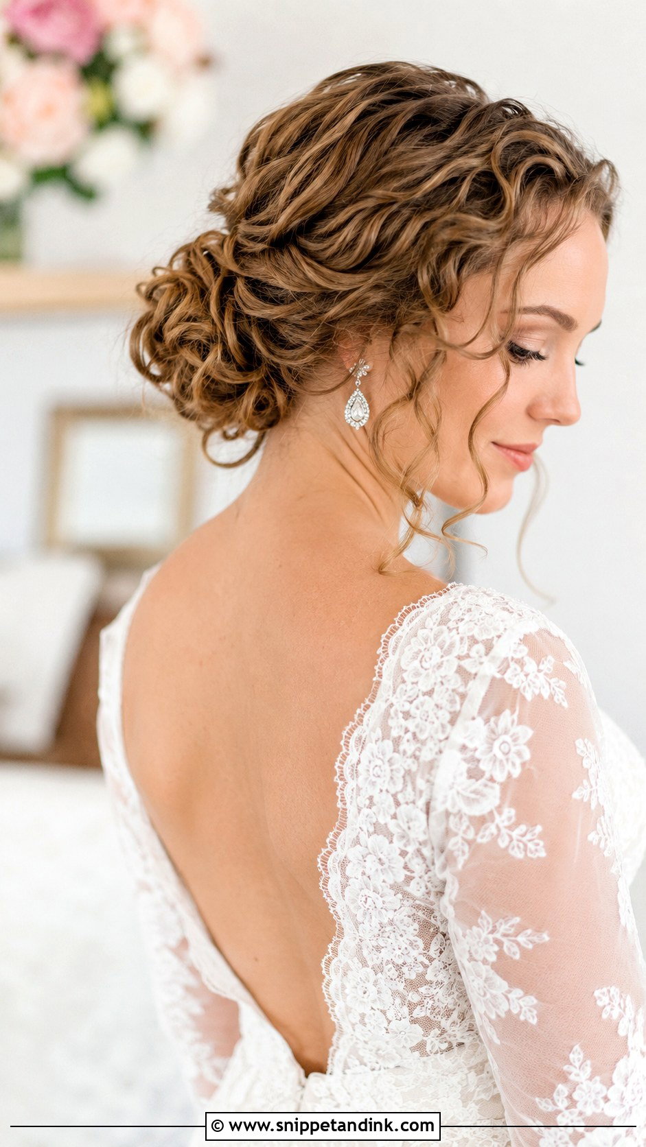 Curly Low Bun With Face Framing Tendrils - Snippet and Ink - 30 Curly Hair Wedding Styles