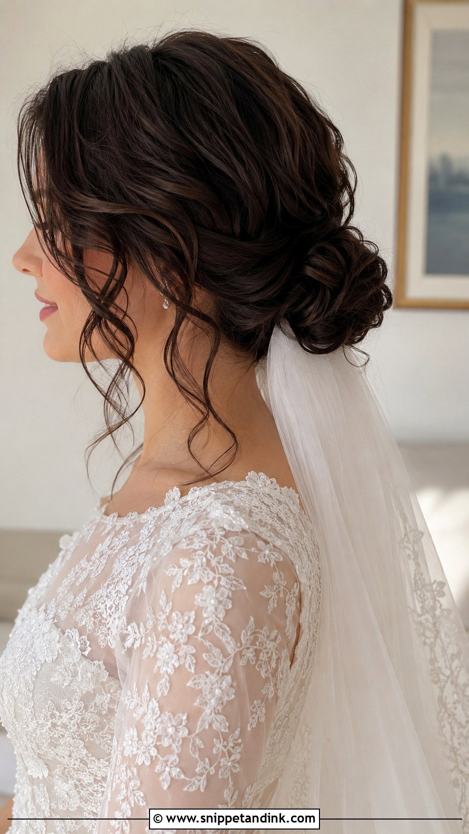 Curly Low Bun With Veil Underneath - Snippet and Ink - 20 Curly Hair with Veil Ideas