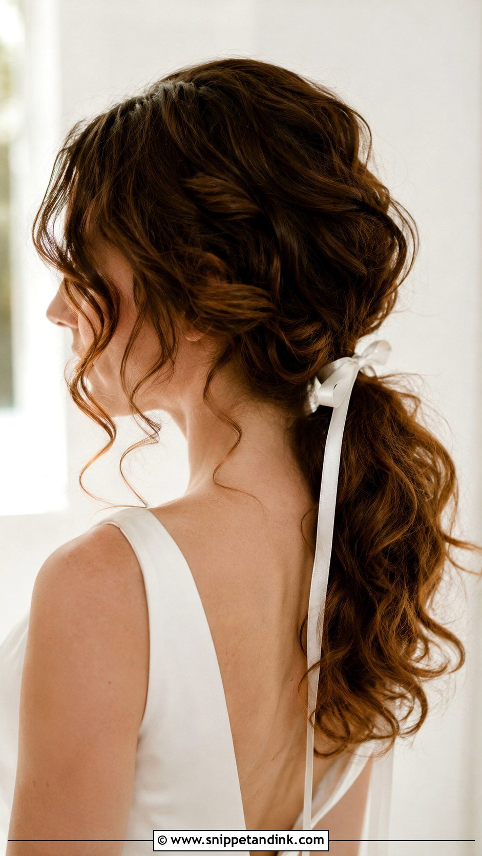 Curly Low Ponytail With Ribbon - Snippet and Ink - 25 Curly Hair Bride Hairstyles
