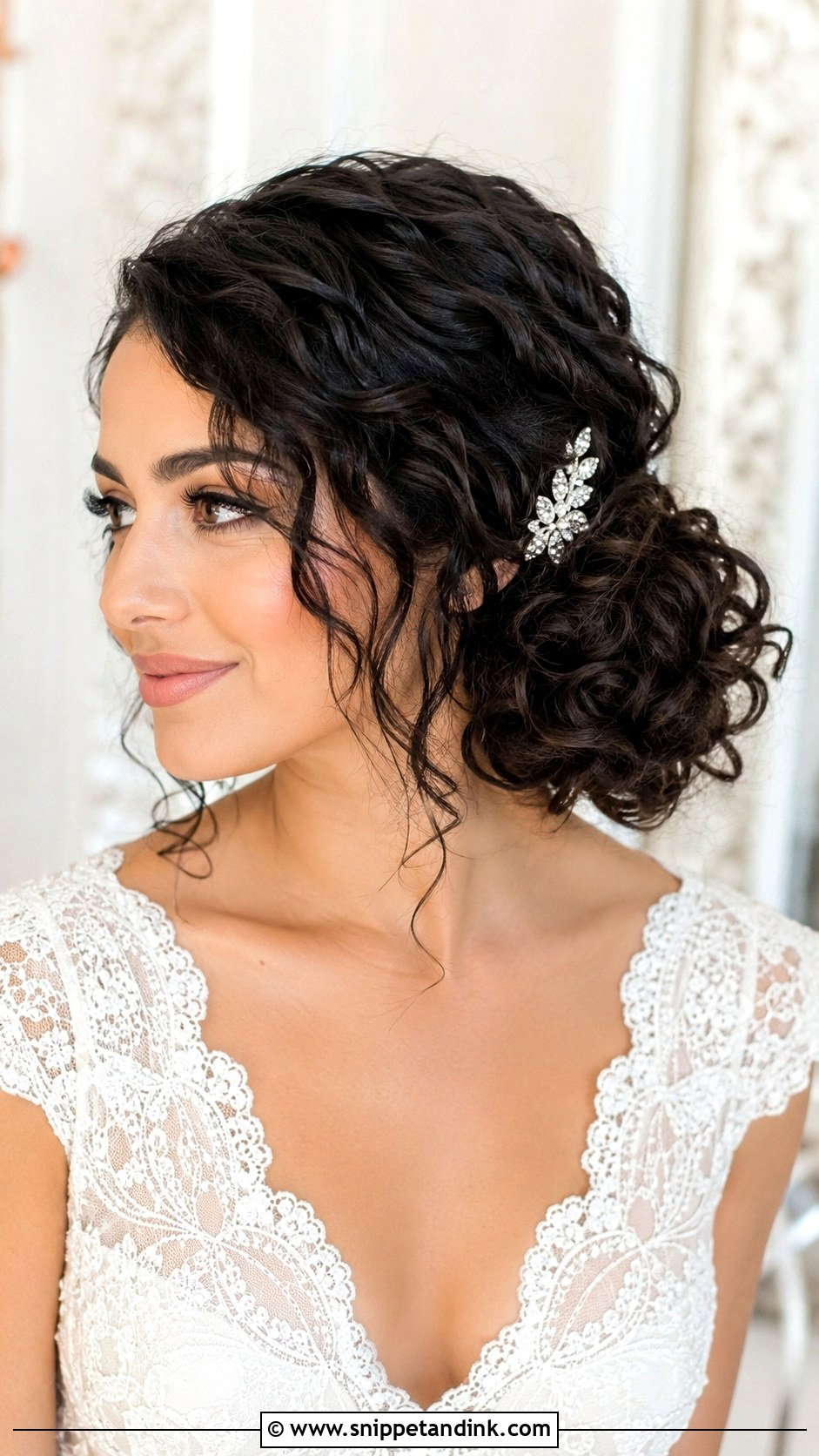 Curly Low Side Bun Wedding Hair - Snippet and Ink - 30 Curly Bridal Hair Ideas