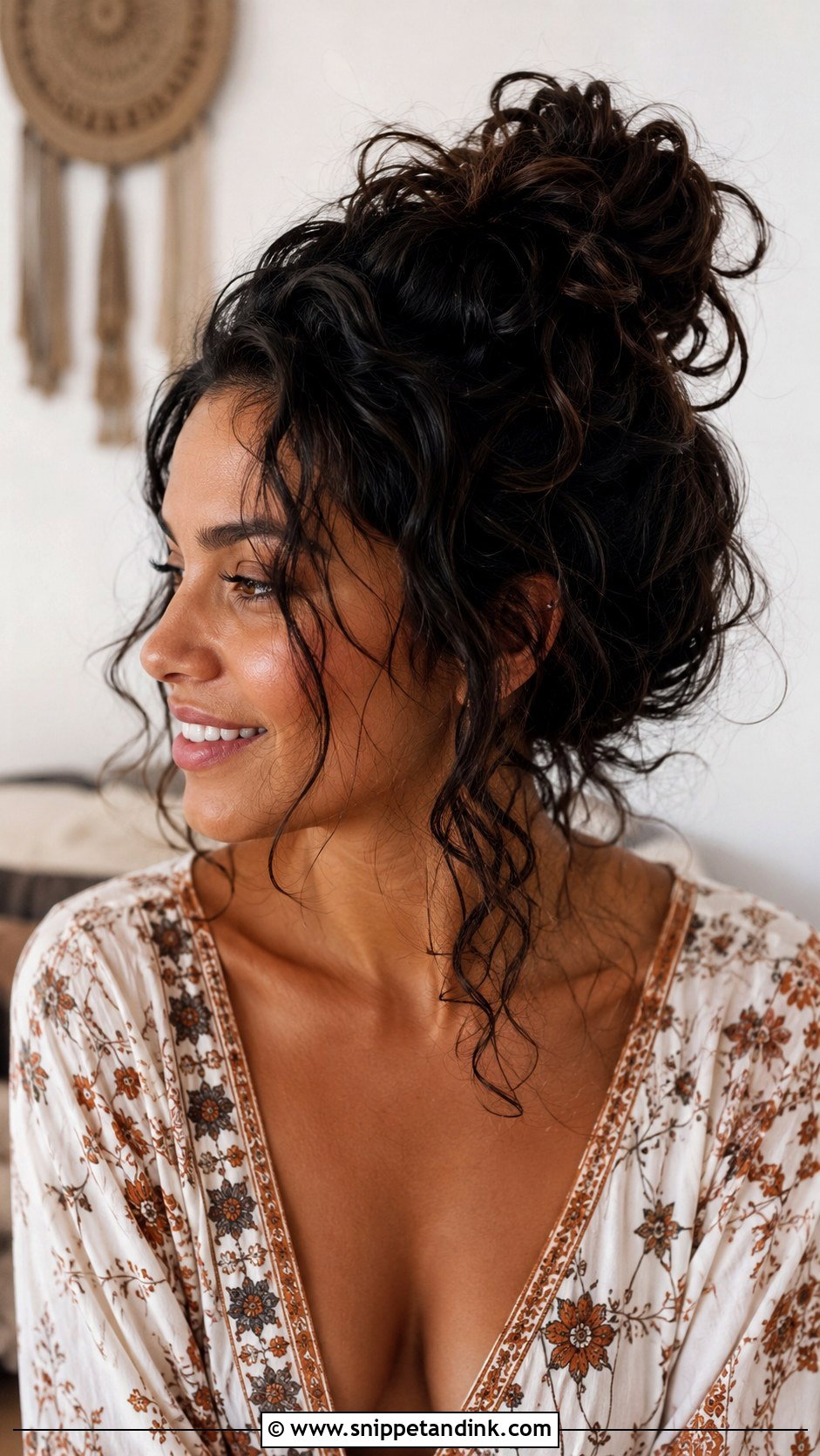 Curly Messy Bun - Snippet and Ink - 25 Curly Hair Wedding Guest Hairstyles