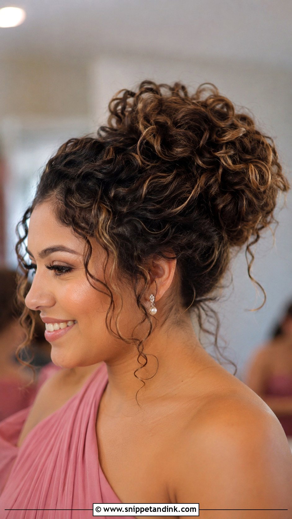 Curly Messy Bun Bridesmaid Hair - Snippet and Ink - 20 Curly Hairstyles for Wedding Bridesmaid