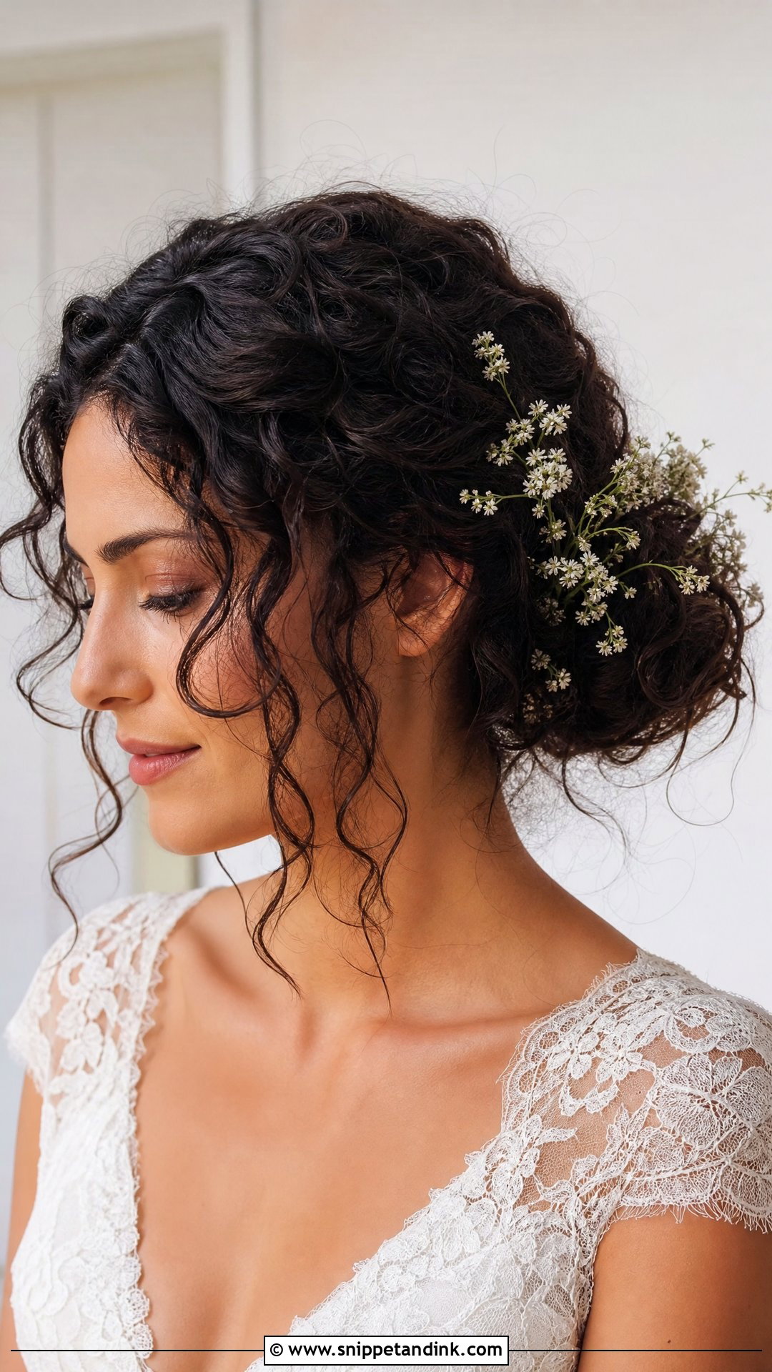 Curly Messy Bun Wedding Hair With Flowers - Snippet and Ink - 15 Curly Messy Bun Wedding Hair Ideas