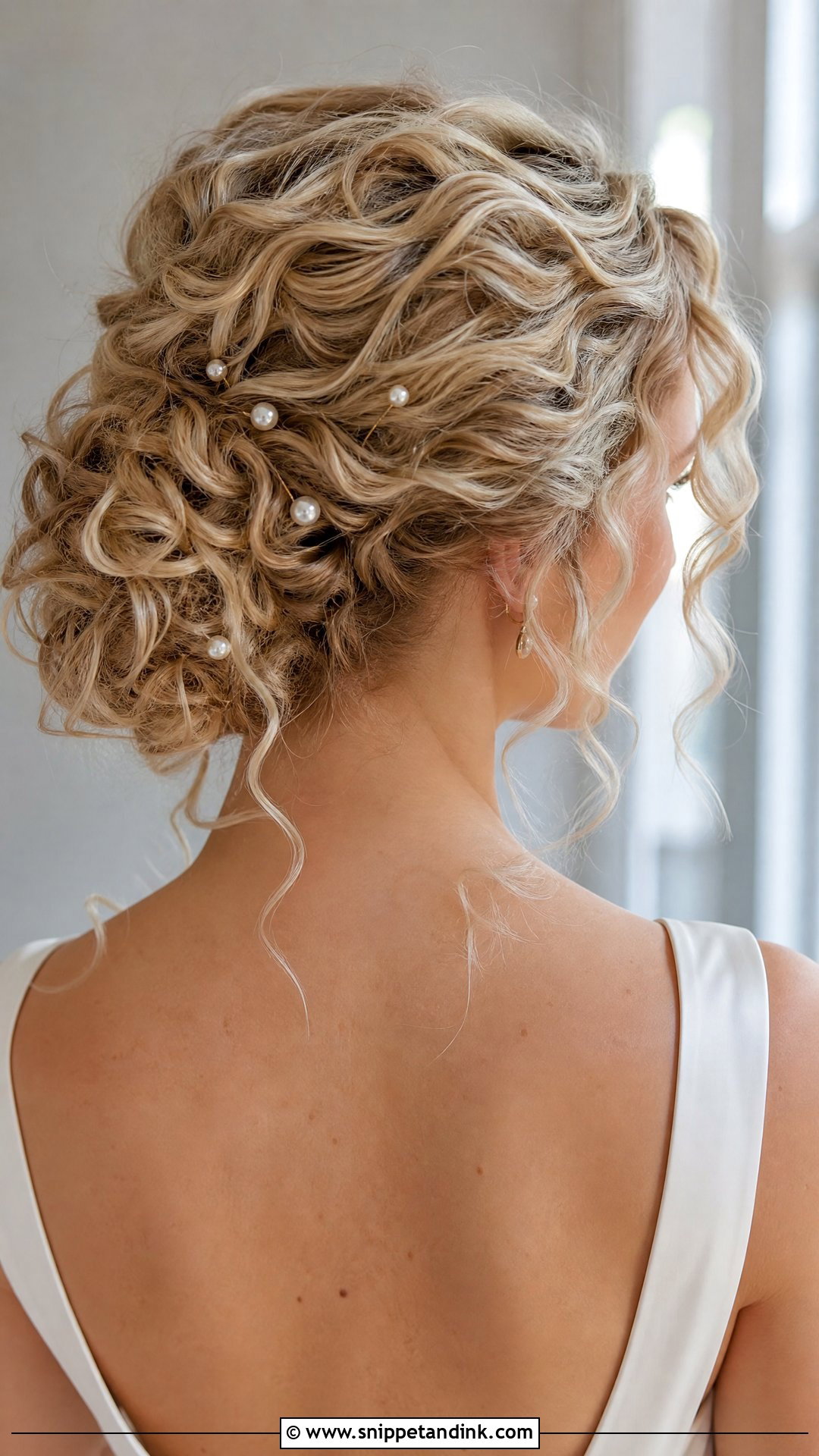 Curly Messy Bun Wedding Hair With Pearls - Snippet and Ink - 15 Curly Messy Bun Wedding Hair Ideas