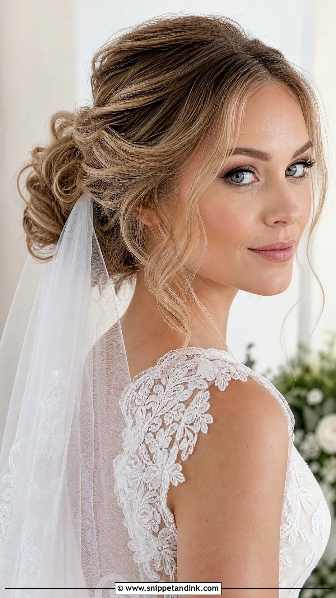 Curly Messy Bun Wedding Hair With Veil - Snippet and Ink - 15 Curly Messy Bun Wedding Hair Ideas