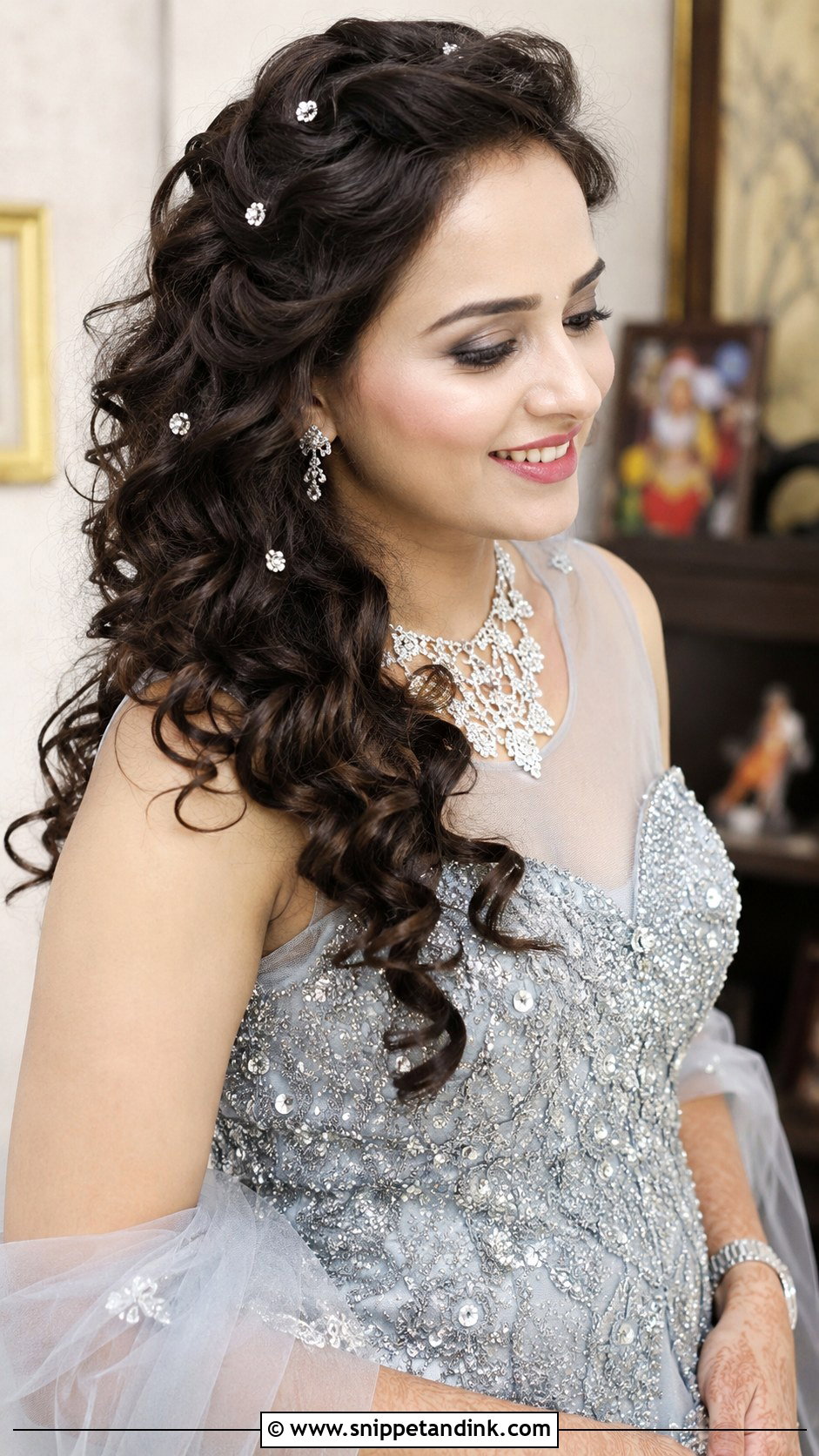 Curly Open Hair With Diamond Pins - Snippet and Ink - 20 Front Indian Weddings Bridal Hairstyles