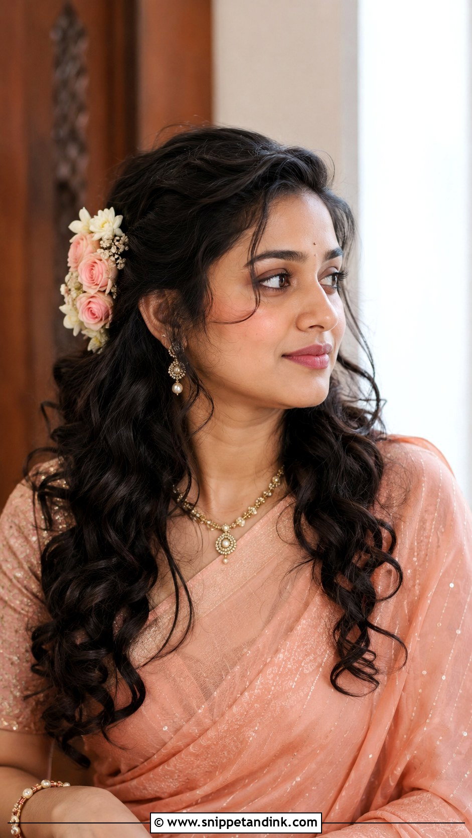 Curly Open Hair With Floral Side Pin - Snippet and Ink - 20 Valaikappu Hairstyles