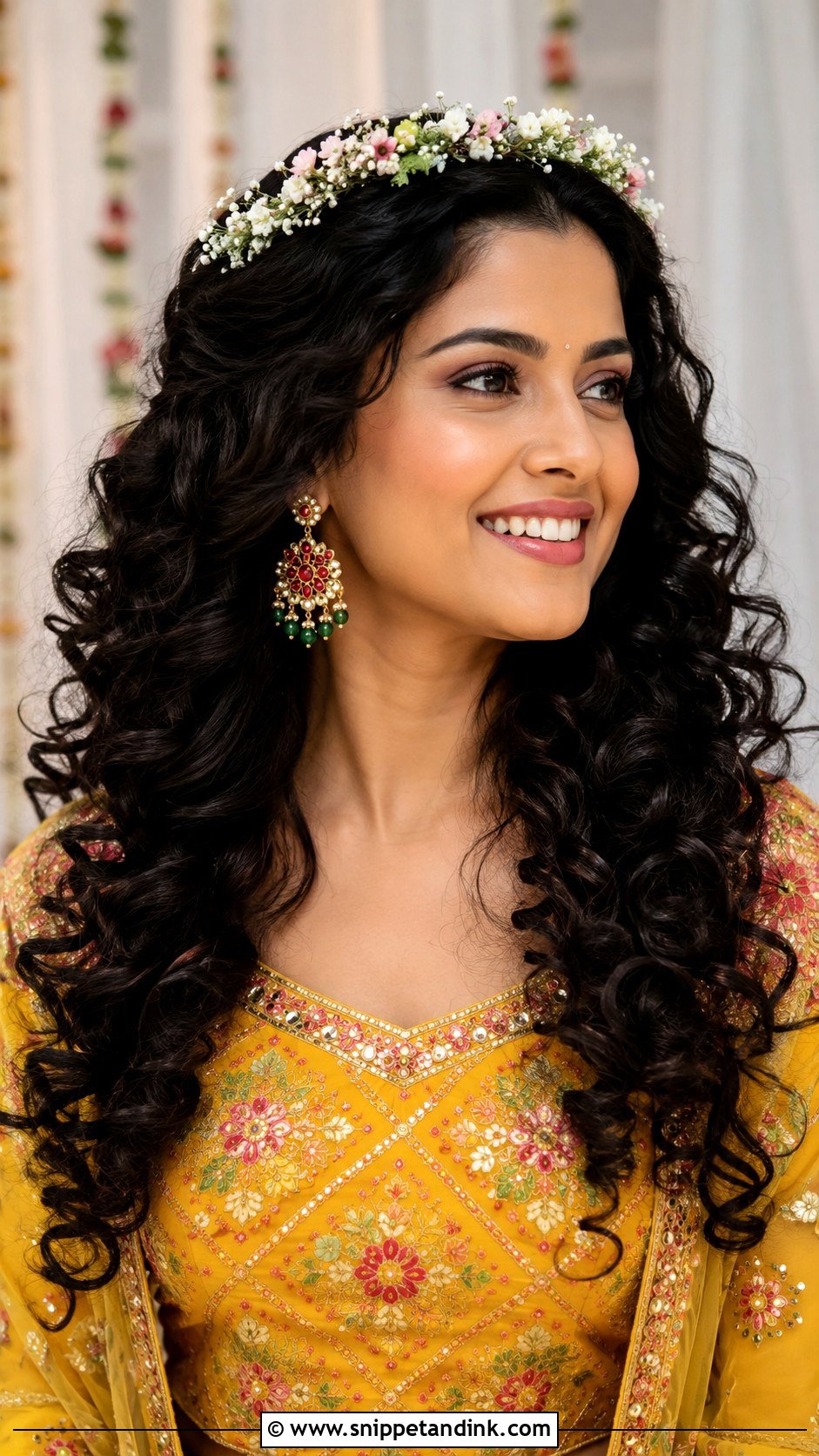 Curly Open Hair With Floral Tiara - Snippet and Ink - 25 Mehndi Hairstyles for Bride Sister