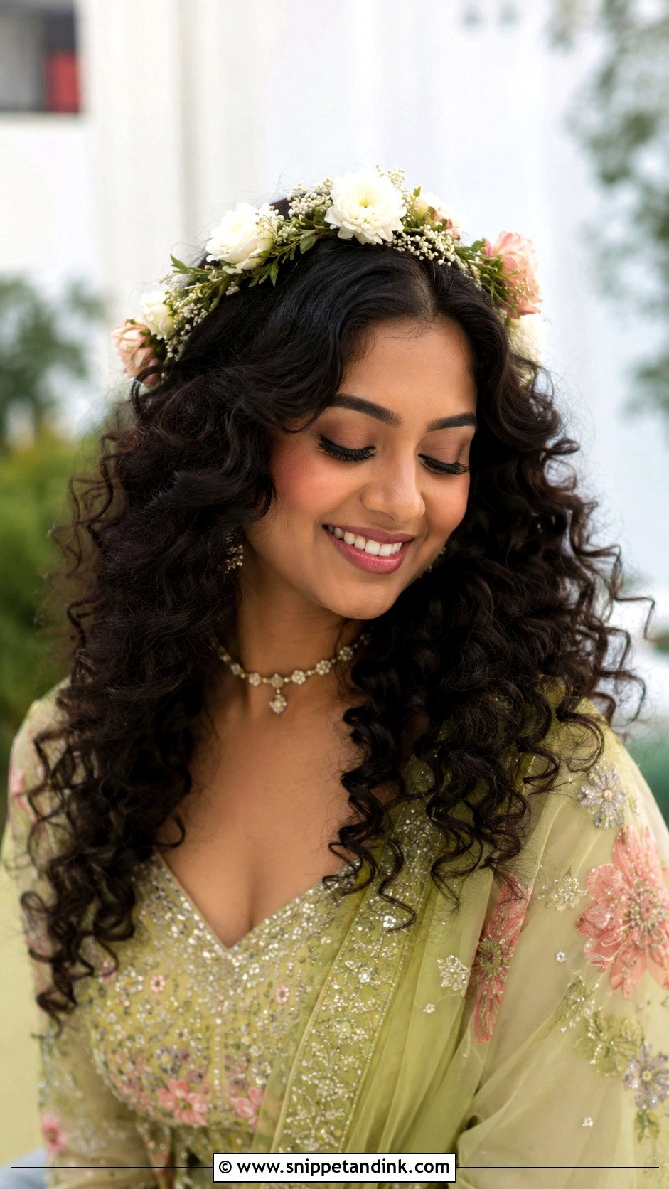 Curly Open Hair With Floral Tiara - Snippet and Ink - 20 Desi Bridal Hair Ideas