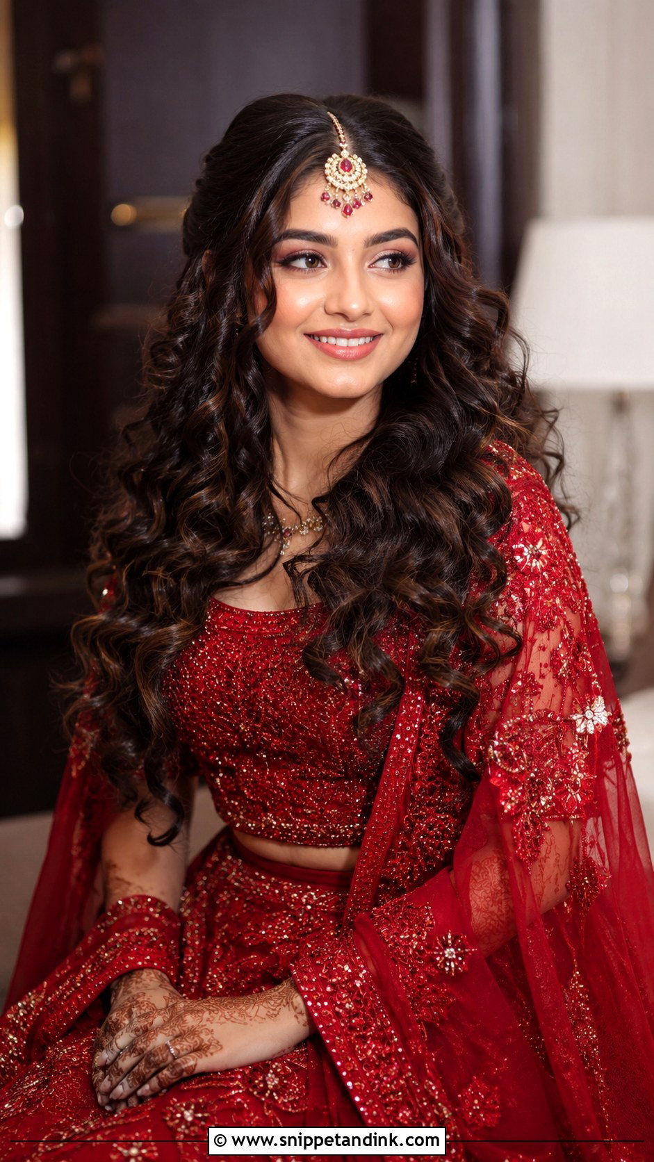 Curly Open Hair With Tikka - Snippet and Ink - 35 Indian Wedding Bridal Hairstyle Ideas
