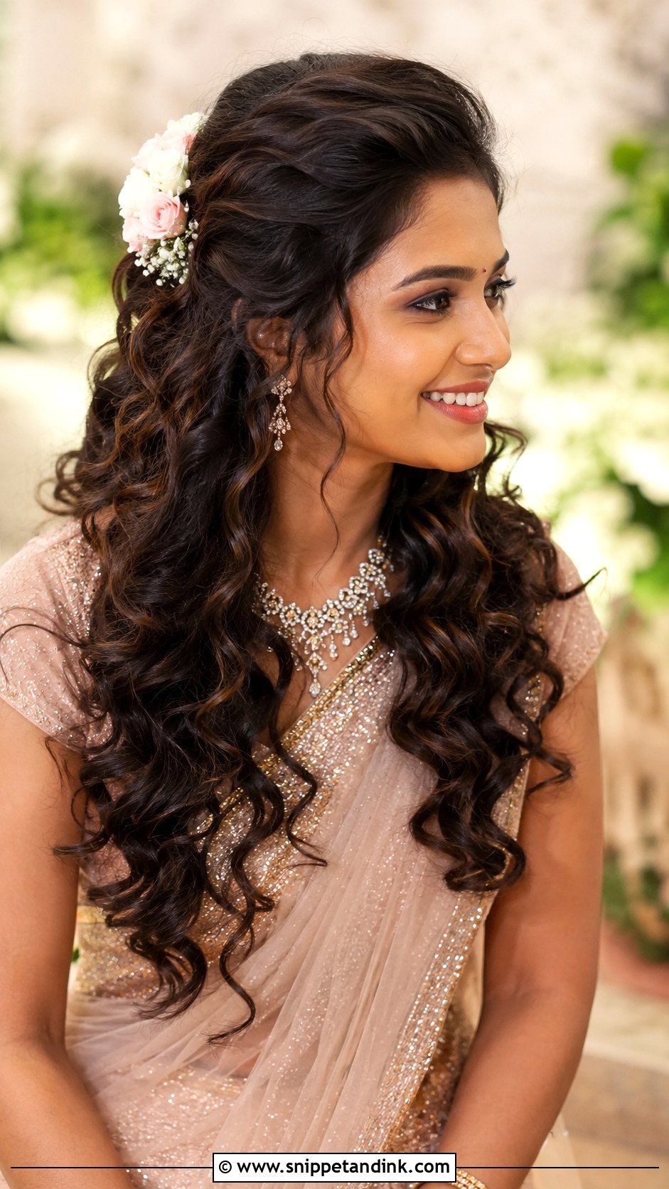 Curly Open Hair for Reception - Snippet and Ink - 25 Kerala Hindu Bridal Hairstyles