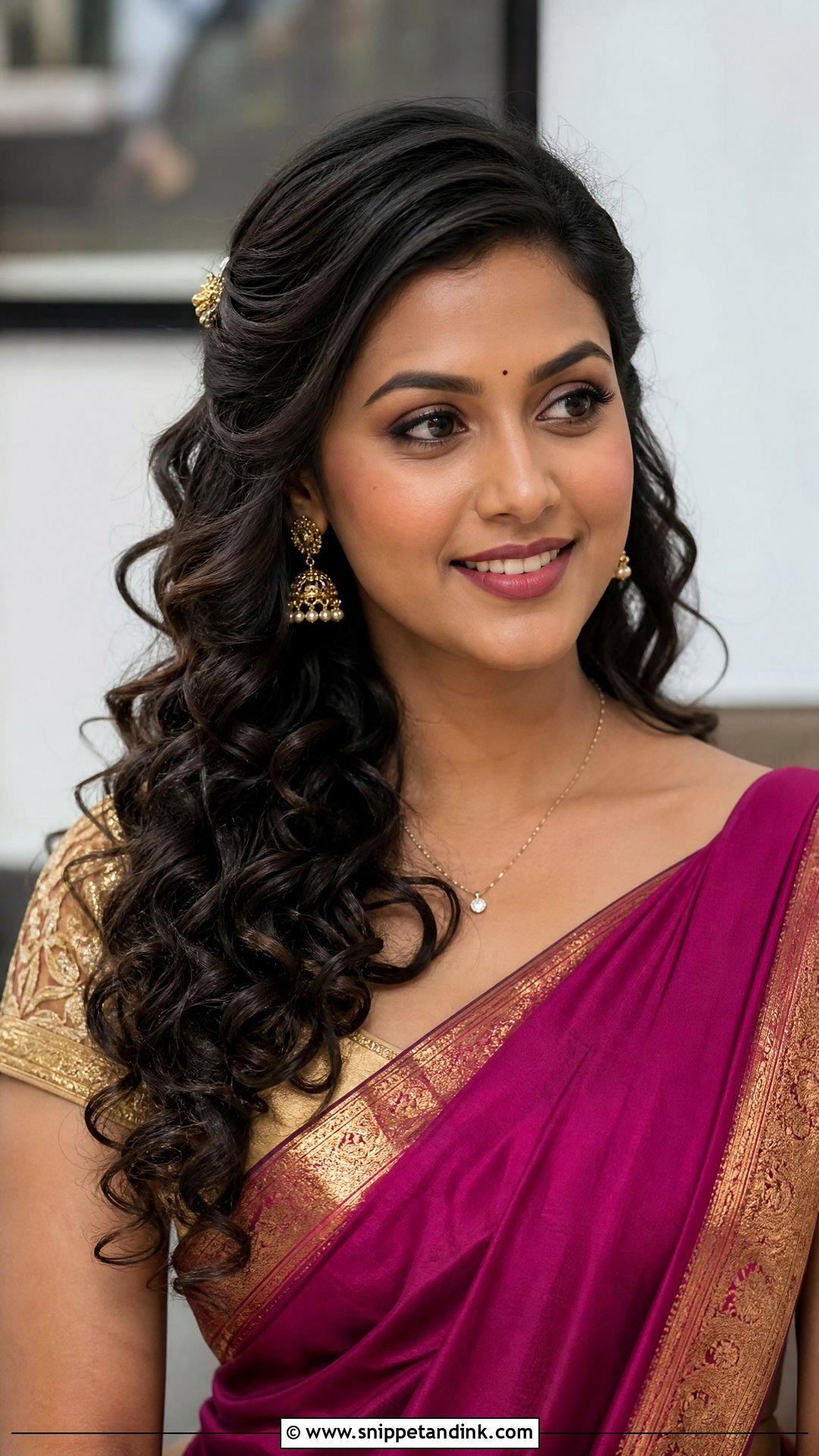Curly Open Hairstyle For Saree - Snippet and Ink - 15 Curly Open Hairstyles Indian Wedding