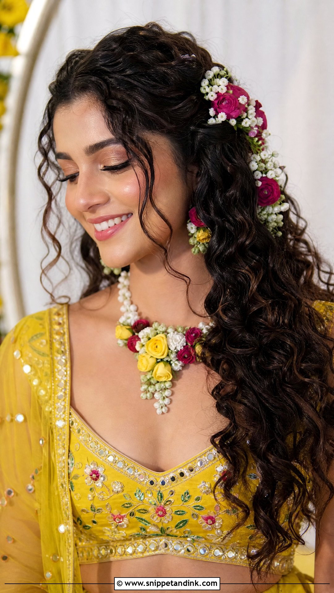 Curly Open Hairstyle With Flowers - Snippet and Ink - 15 Curly Open Hairstyles Indian Wedding