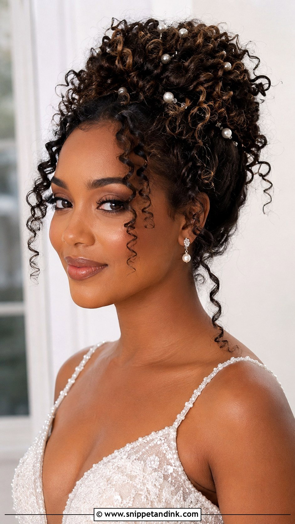 Curly Pineapple Updo With Pearls - Snippet and Ink - 20 Wedding Hairstyles for Natural Curly Hair